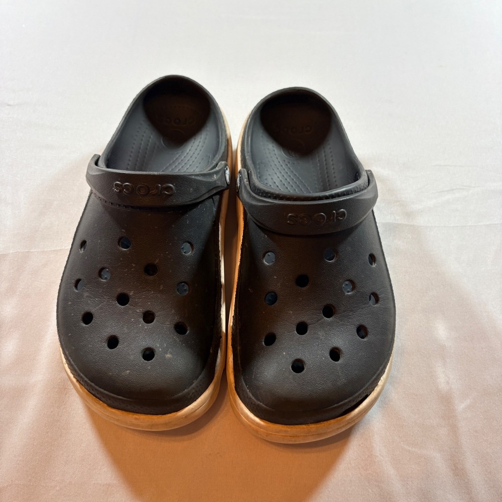 Crocs Duet Sport Clogs Black White Mens 11 Womens 13 Slip On Shoes Lug Sole